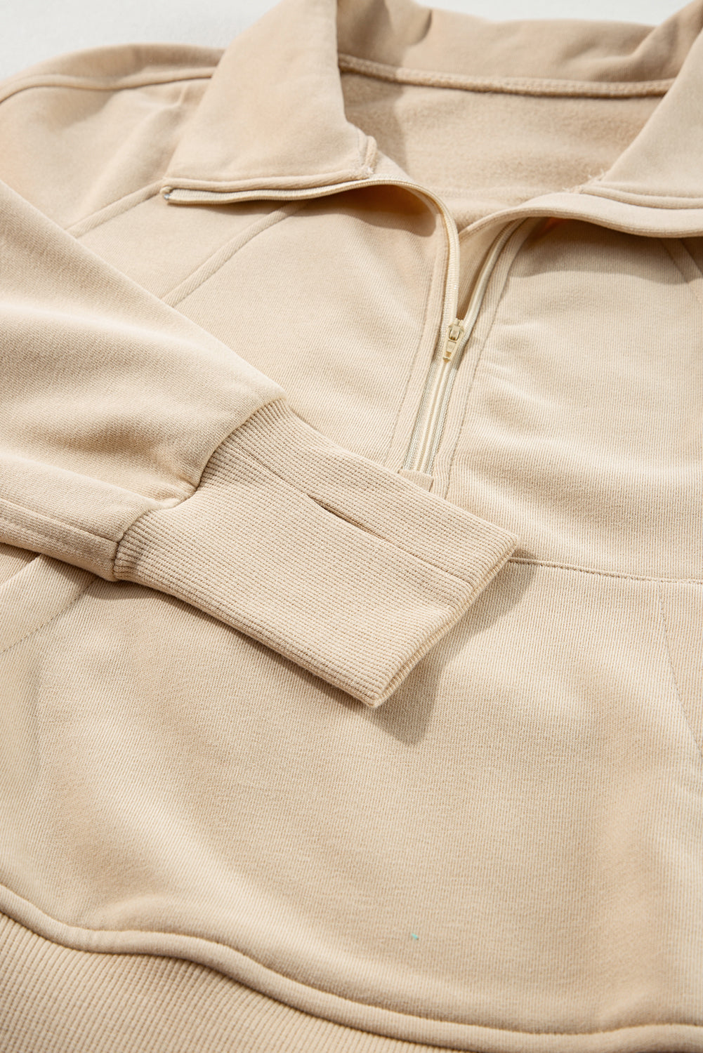 Brown Zip Up Stand Collar Thumbhole Sleeve Sweatshirt