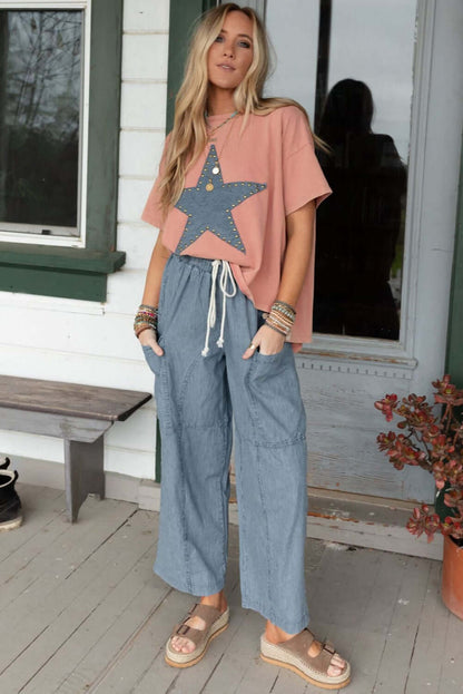 Apricot Pink Studded Star Patch Side Slits High Low Tee