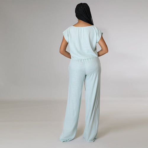 Color Cotton Hemp Shirt Elastic High Waist Wide Leg Pants