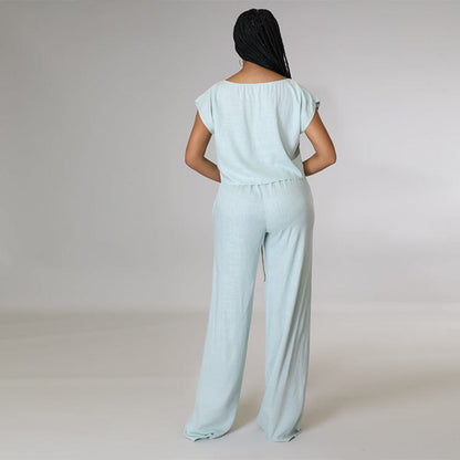 Color Cotton Hemp Shirt Elastic High Waist Wide Leg Pants