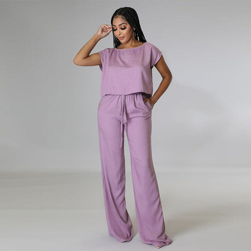 Color Cotton Hemp Shirt Elastic High Waist Wide Leg Pants