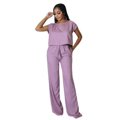 Color Cotton Hemp Shirt Elastic High Waist Wide Leg Pants