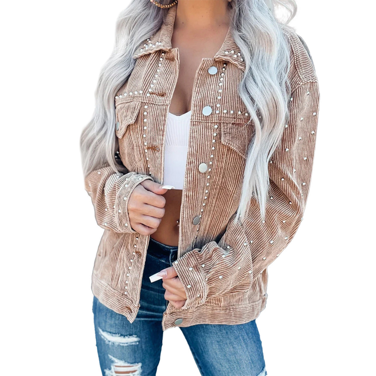 Stylish Short Corduroy Jacket with Rivets