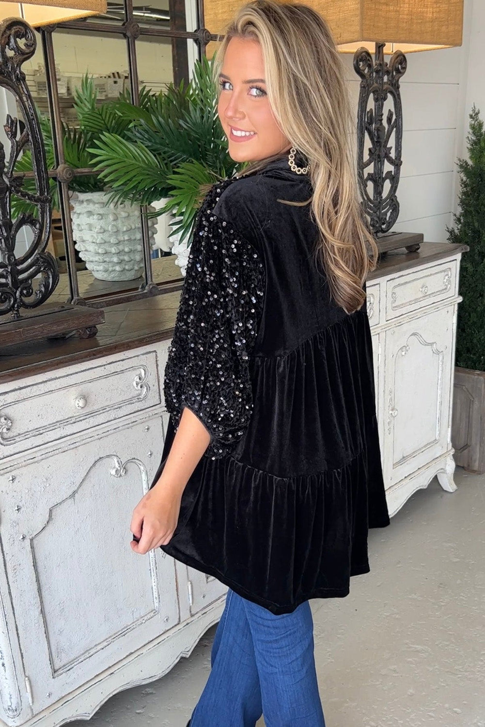 Black Velvet Sequin Puff Sleeve Button Babydoll Blouse