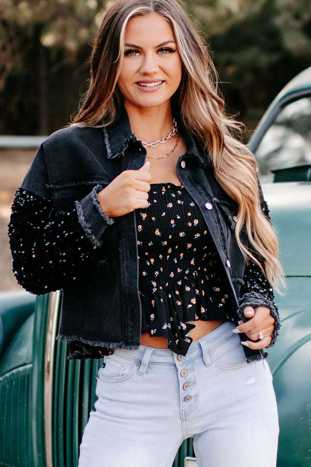 Black Sequin Sleeve Pocketed Raw Hem Denim Jacket