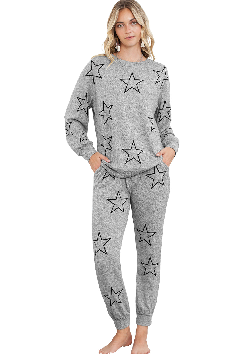 Black Stars Print Long Sleeve Top and Drawstring Pants Set