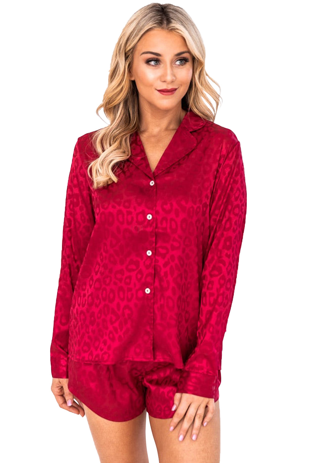 Red Leopard Satin Long Sleeve Top & Shorts Loungewear Set