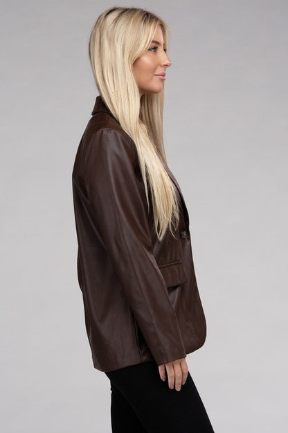 Sleek Pu Leather Blazer with Front Closure