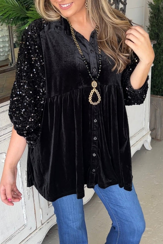 Black Velvet Sequin Puff Sleeve Button Babydoll Blouse