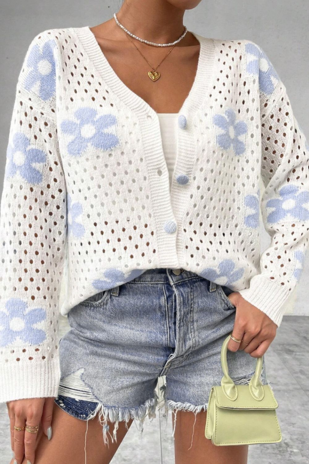 Flower Hollowed Out Button Down Long Sleeve Cardigan