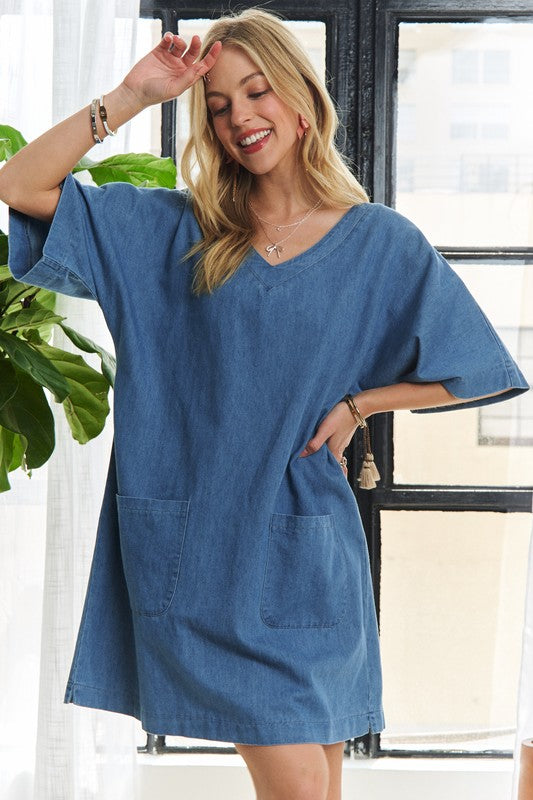 ADORA V-Neck Half Sleeve Mini Denim Dress