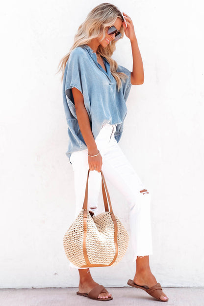 Sky Blue Split V Neck Loose Denim Blouse