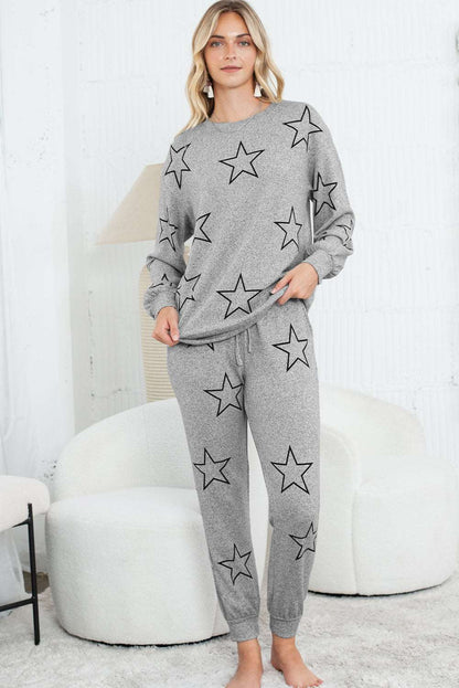 Black Stars Print Long Sleeve Top and Drawstring Pants Set