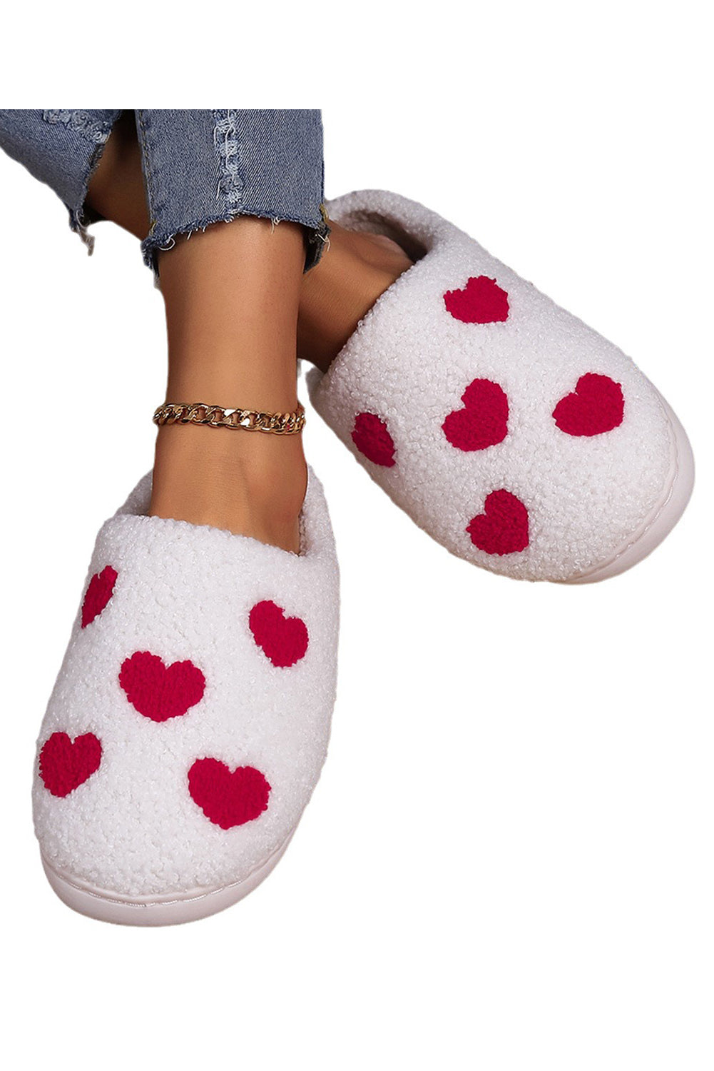 Pantuflas de felpa con estampado de corazones blancos del día de San Valentín