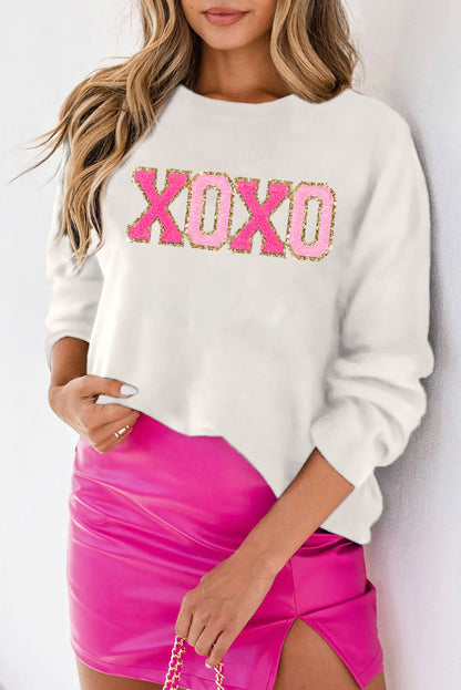 Jersey casual con cuello redondo y letras de chenilla XOXO blanco