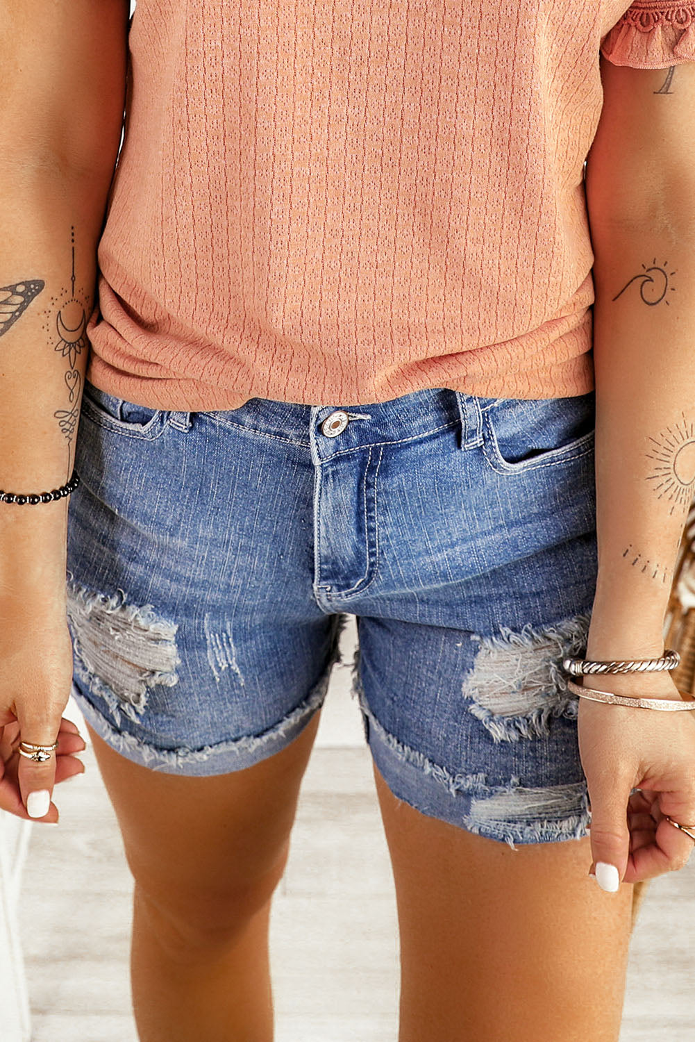 Dark Blue Casual Ripped Rolled Hem Denim Shorts