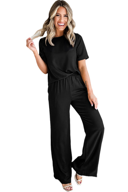 Smoke Gray Solid Color T-Shirt and Wide Leg Pants Set