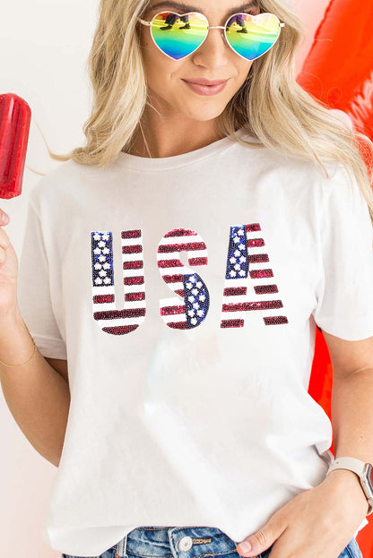 White USA Flag Sequin Graphic Patched Round Neck T Shirt