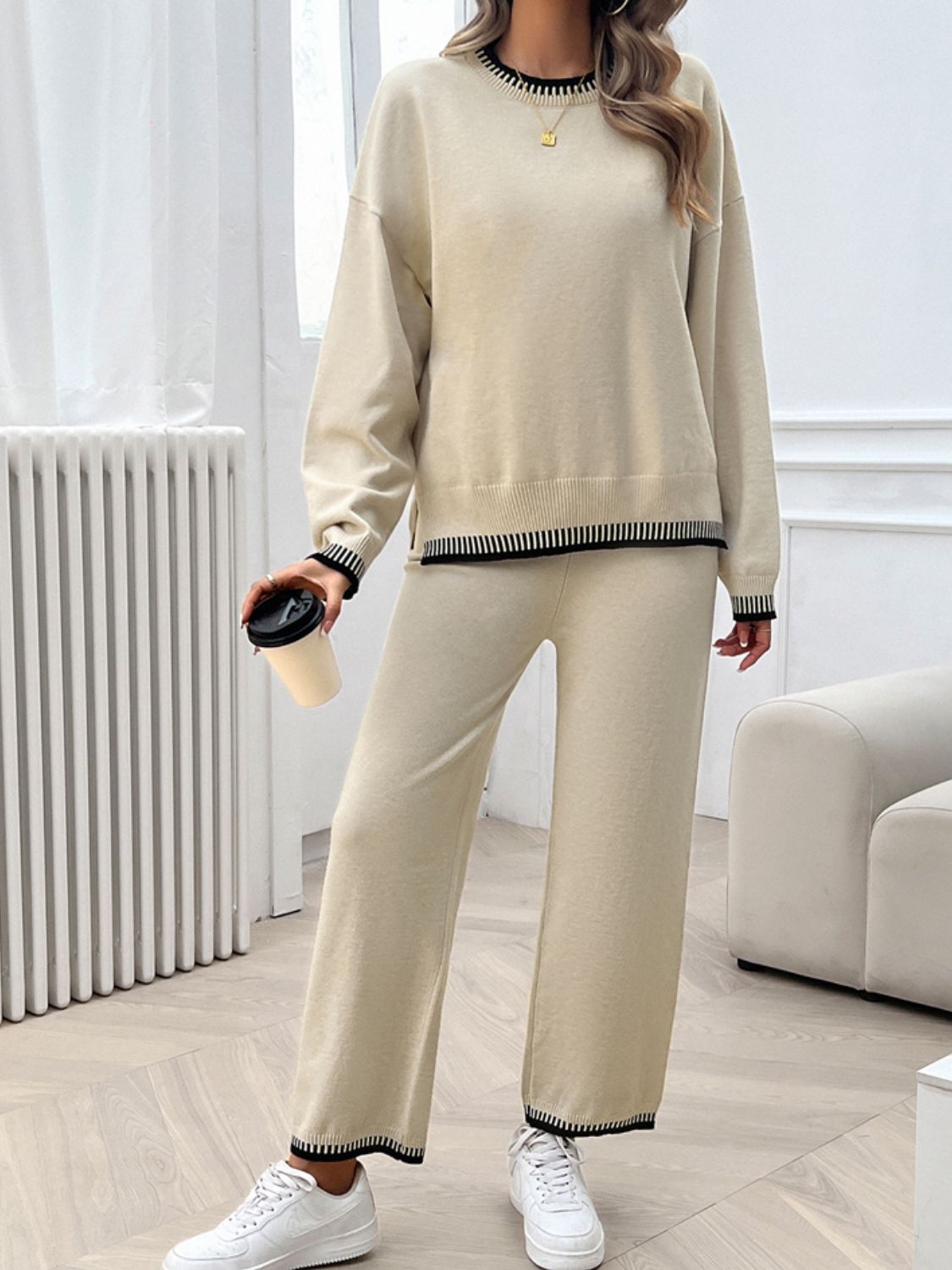 Round Neck Dropped Shoulder Top and Pants Sweater Set