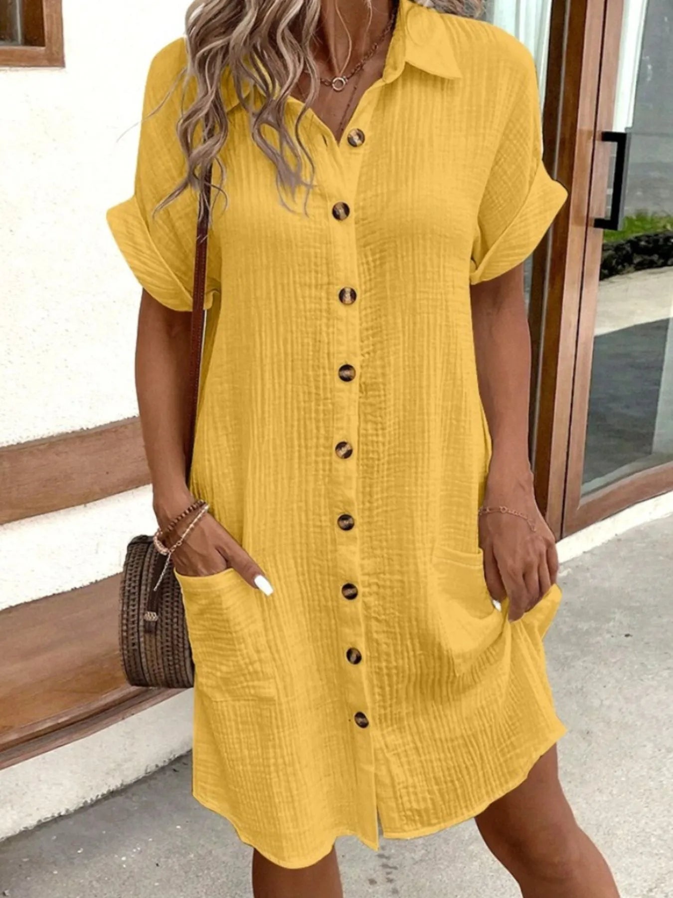 white christmas dresses Casual Button Down Cotton Shirt Dress with Pockets Yellow / XL