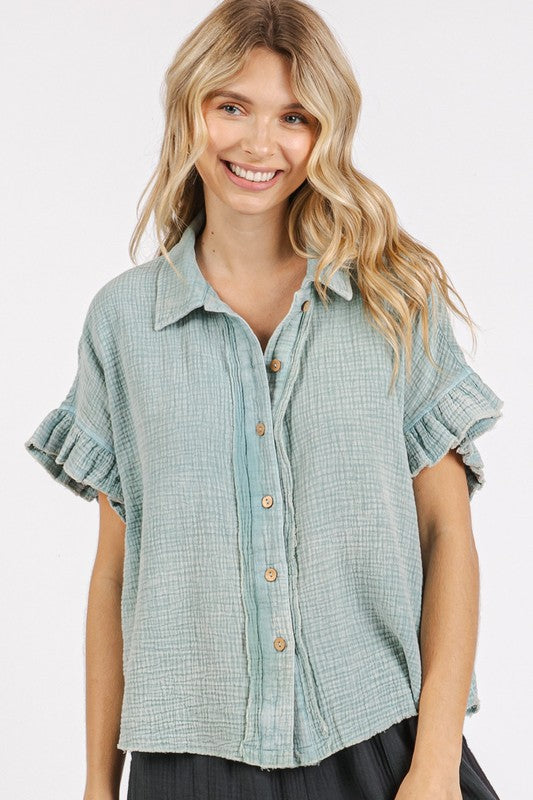 Mittoshop Mineral Washed Button Down Flounce Sleeve Shirt