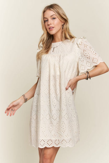 ADORA Ruffled Eyelet Round Neck Dress