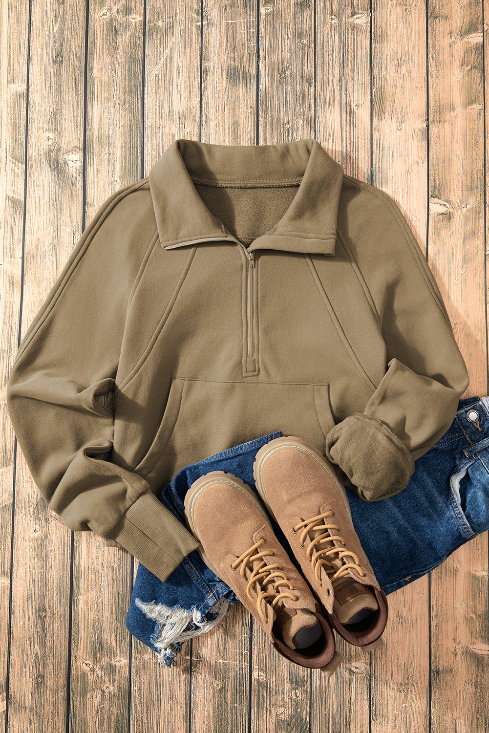 Brown Zip Up Stand Collar Thumbhole Sleeve Sweatshirt