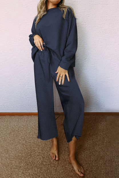 Gray Textured Loose Slouchy Long Sleeve Top and Pants Set