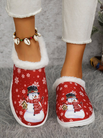 Cozy snowman print flat slippers with faux fur, perfect for Christmas sweaters and new arrivals.