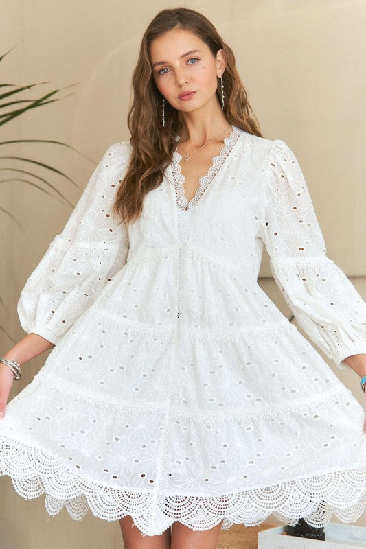 ADORA Lace Detail Tiered Eyelet V-Neck Babydoll Dress