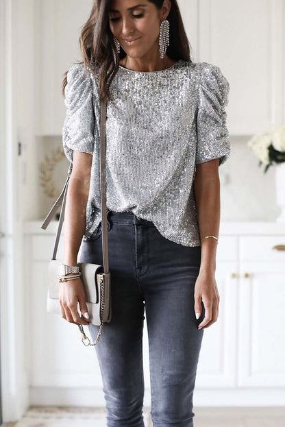 Silvery Ruched Puff Sleeve Sequins Short Sleeve Shirt