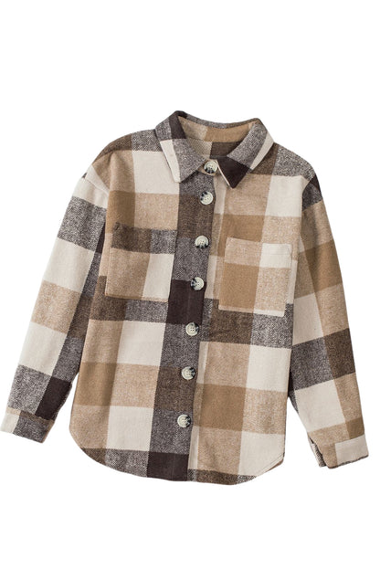 Khaki Plaid Color Block Buttoned Pocketed Shacket