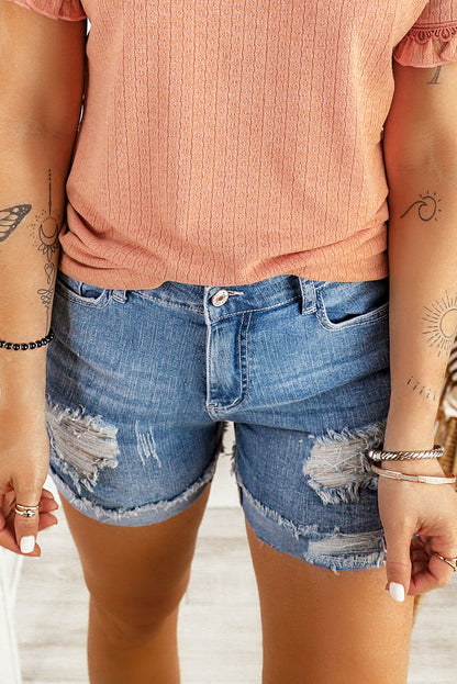 Dark Blue Casual Ripped Rolled Hem Denim Shorts