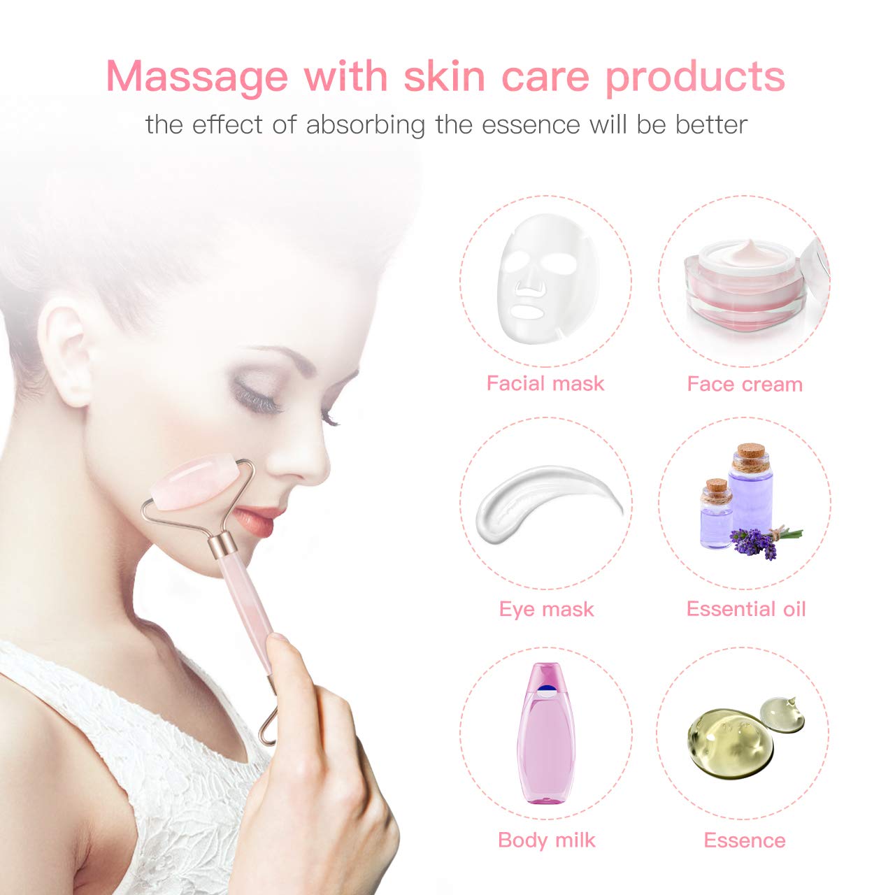 Woman using a portable crystal face roller massager to enhance absorption of skincare products.