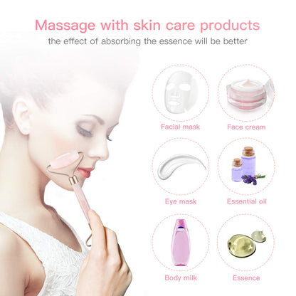 Woman using a portable crystal face roller massager to enhance absorption of skincare products.