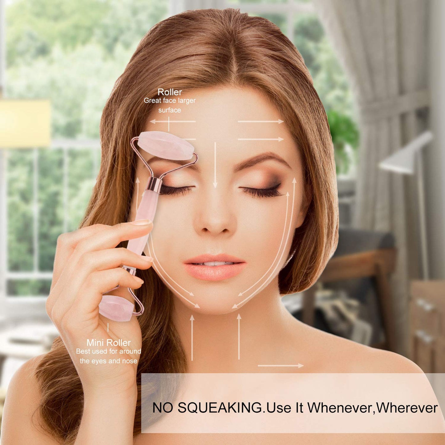 Portable crystal face roller massager being used to enhance facial beauty and reduce fine lines.