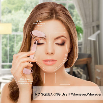 Portable crystal face roller massager being used to enhance facial beauty and reduce fine lines.