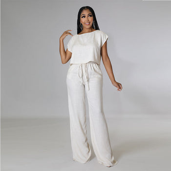 Color Cotton Hemp Shirt Elastic High Waist Wide Leg Pants