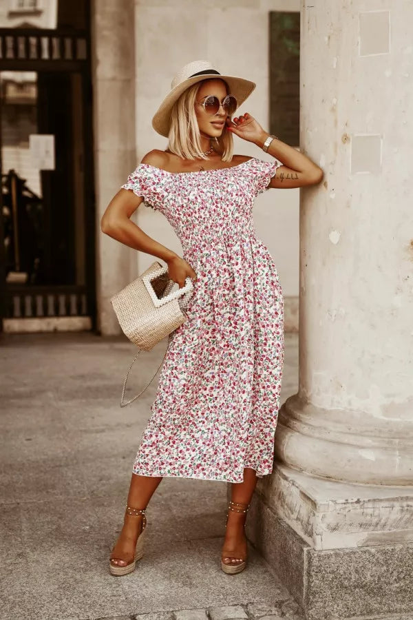 cold shoulder midi dress floral 3D Flower Solid Off-Shoulder Midi Dress JardinVue