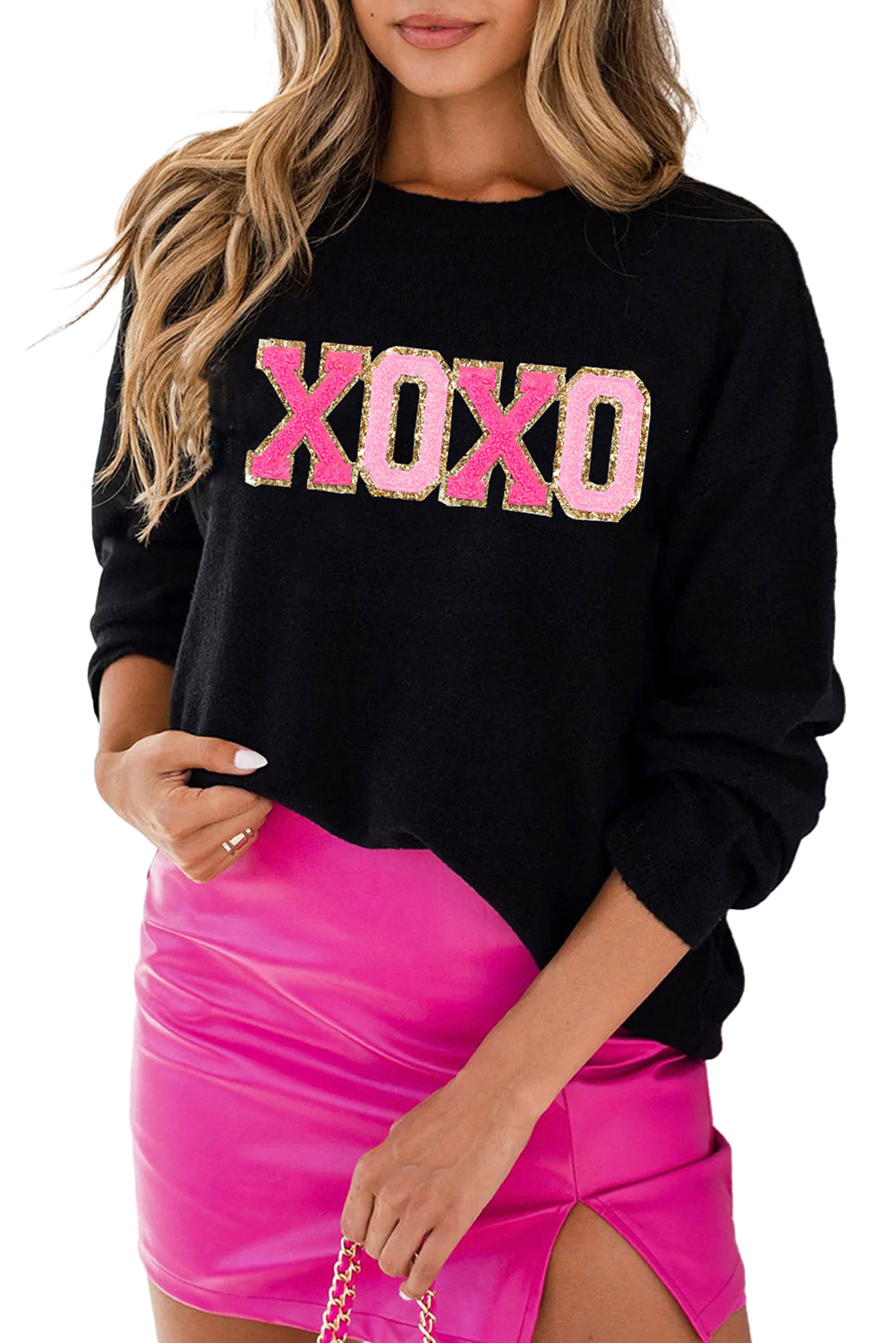 White XOXO Chenille Letter Round Neck Casual Sweater