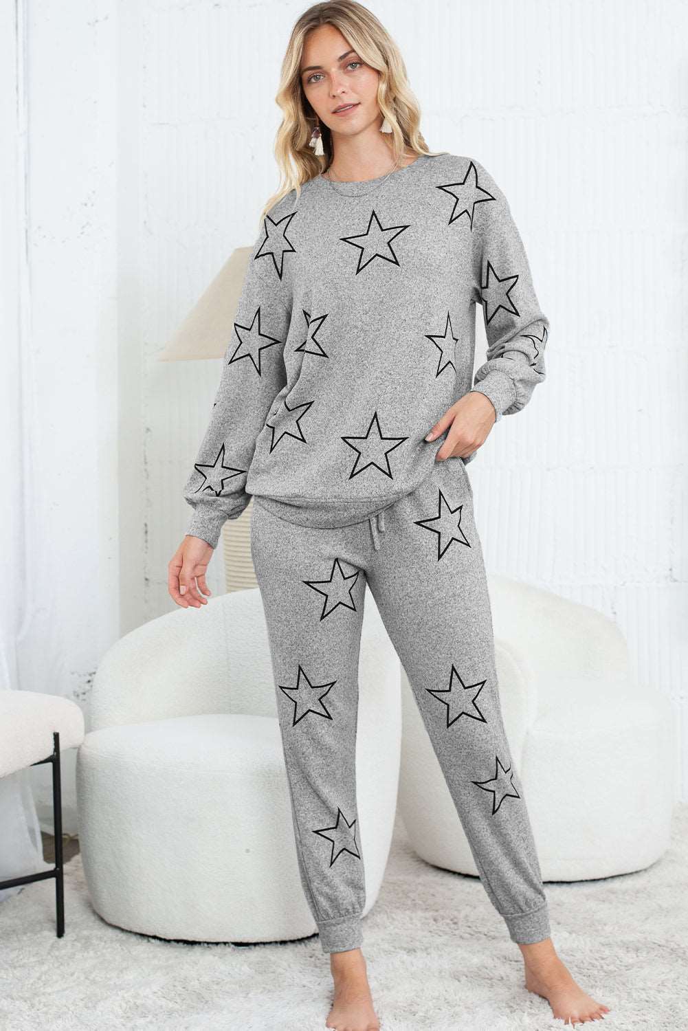 Black Stars Print Long Sleeve Top and Drawstring Pants Set