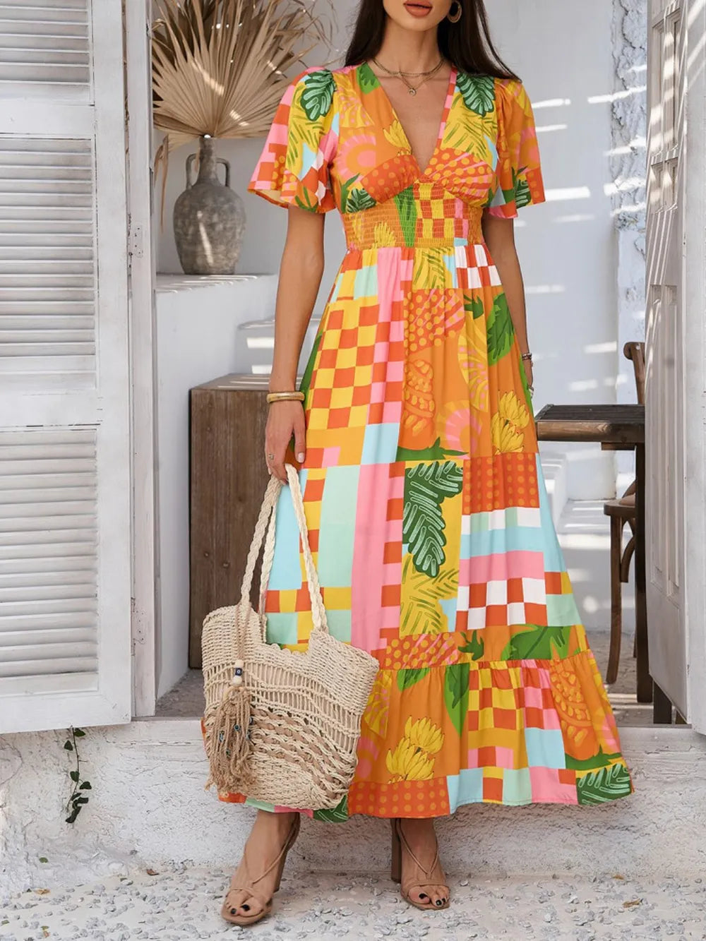 v neck maxi dress with short sleeves Devine Smocked Printed V-Neck Sleeve Tangerine / S Pure Red Color:Gold-Mist or just celebrating a 18th Birthday Outfit Dress