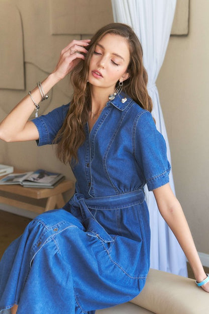 ADORA Tiered Button Down Tie Waist Short Sleeve Denim Dress