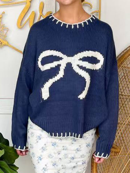 Bow round neck long sleeve sweater in navy, featuring a stylish bow design, perfect for winter season online shopping.