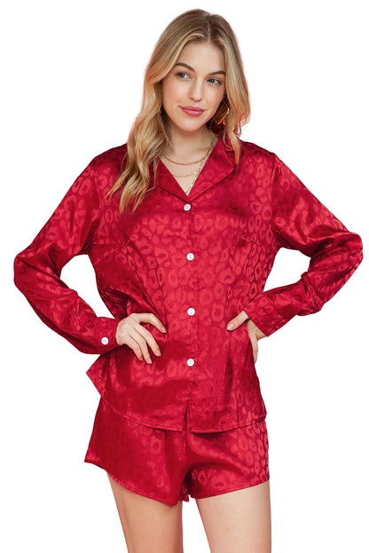 Red Leopard Satin Long Sleeve Top & Shorts Loungewear Set