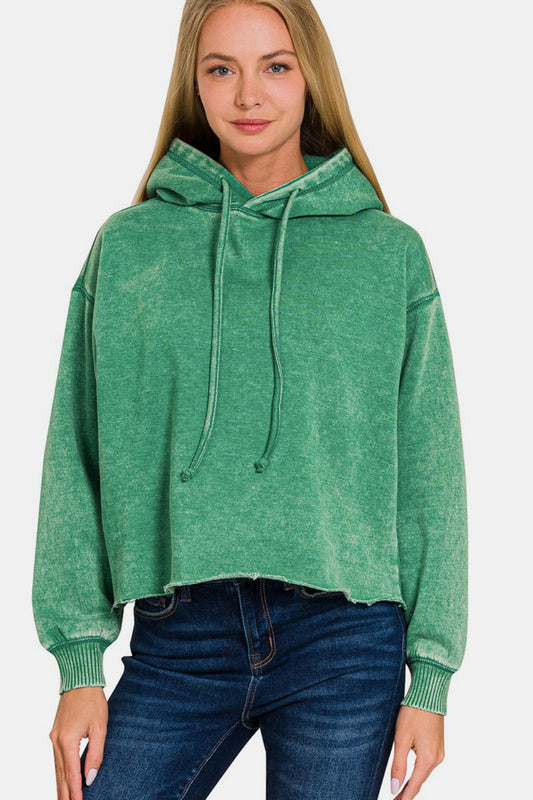 Zenana Acid Wash Fleece Cropped Hoodie