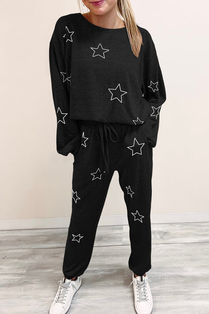 Black Stars Print Long Sleeve Top and Drawstring Pants Set