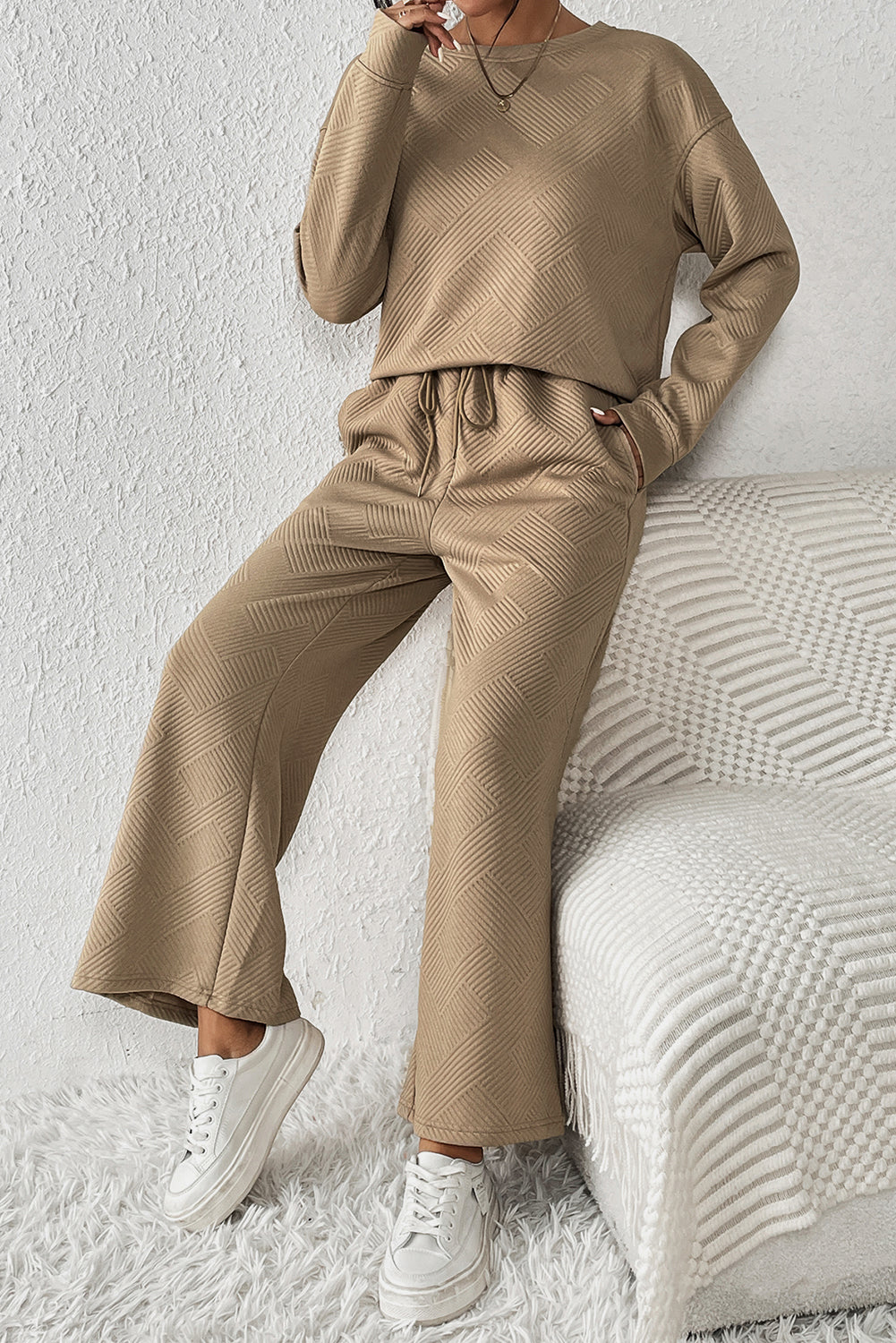 Gray Textured Loose Slouchy Long Sleeve Top and Pants Set