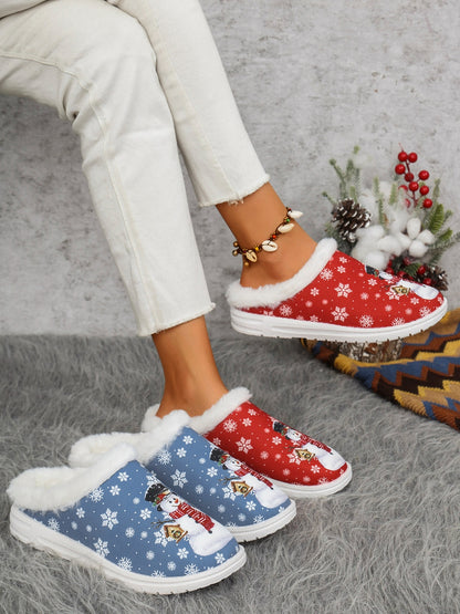 Cozy snowman print flat slippers in red and blue with faux fur, perfect for holiday cheer and lounging. New arrivals!