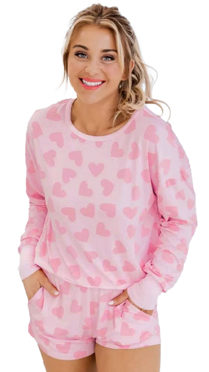 Black Heart Shape Print Long Sleeve Top and Shorts Loungewear Set